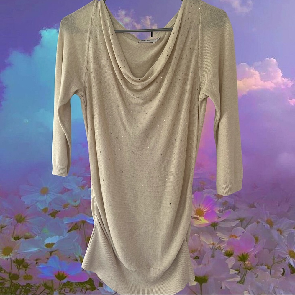 Reitmans bling sweater top shirt beige cream white rhinestone crystals silver